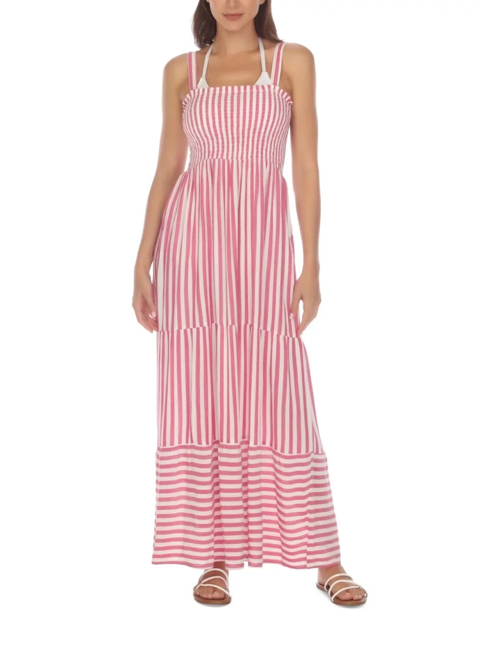 Raviya Pink White Striped Seersucker Smocked Maxi Dress L Square Neck NWT